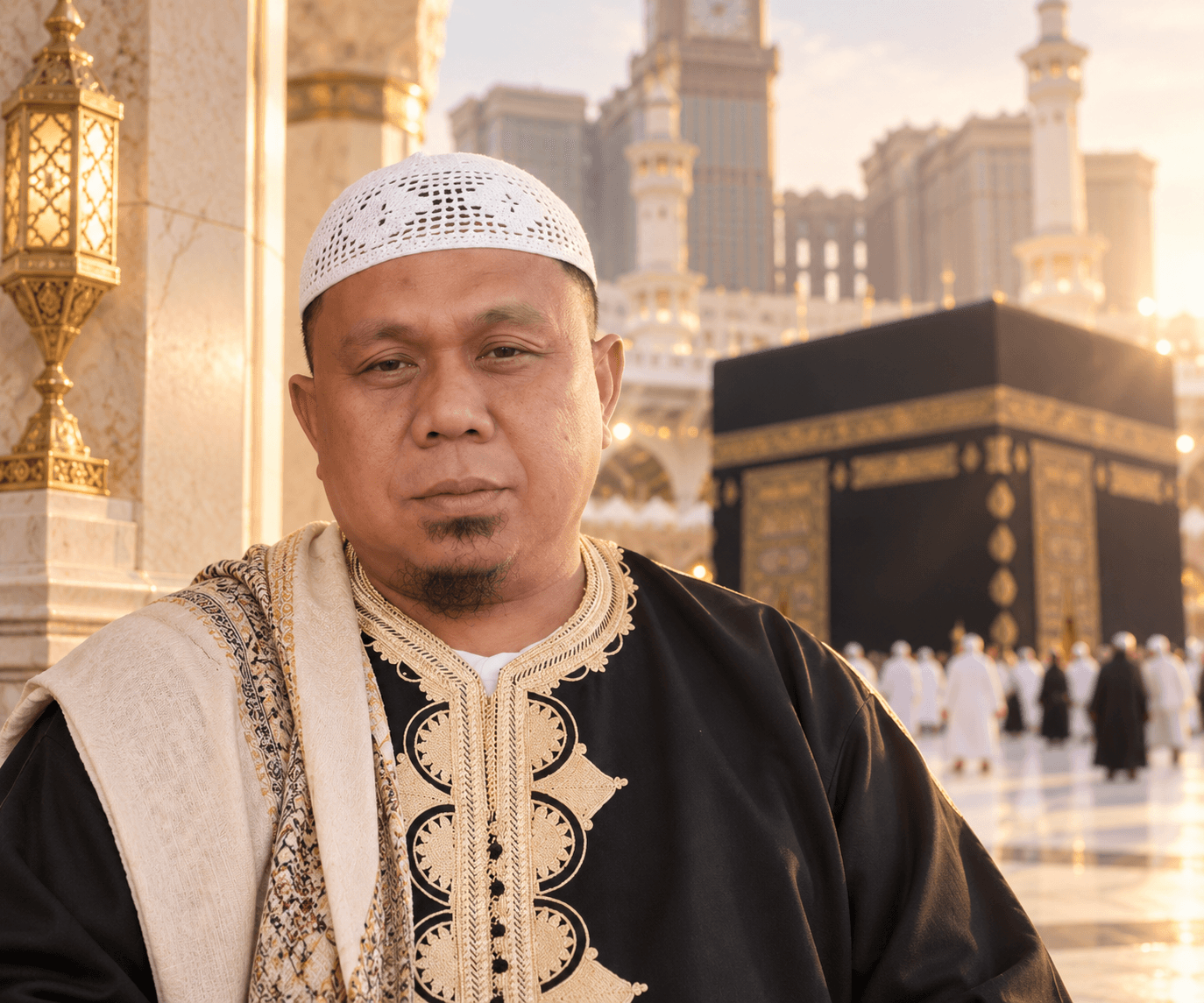 Sheikh Murshid Andi in a white cap and gold-embroidered robe, standing before the Kaaba.